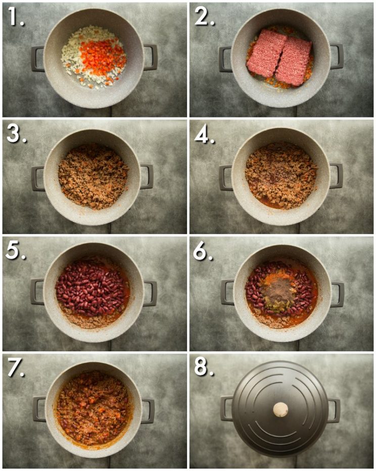 8 step by step photos showing how to make chilli con carne