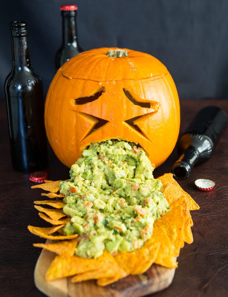 Guacamole Puking Pumpkin with tortilla chips