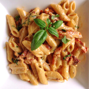 Penne Alfredo with Bacon and Sundried Tomato- serving bowl