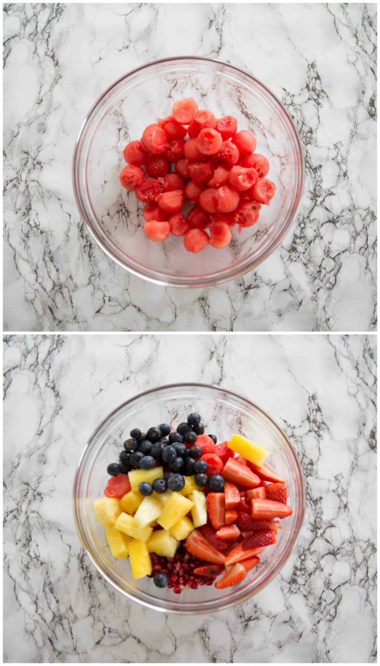 2 step by step photos showing Watermelon Basket fruit Salad
