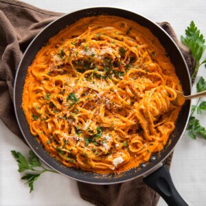 Creamy Roasted Red Pepper Pasta- Overhead Shot