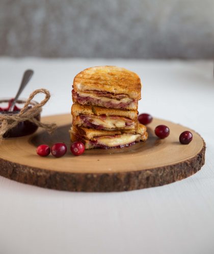 Cranberry Bacon Brie Grilled Cheese Sliced open