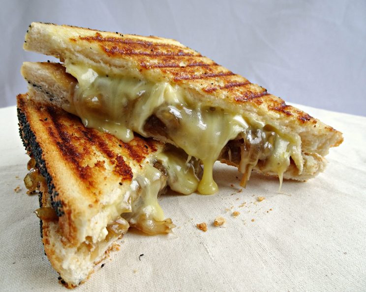 brie and caramelized onion grilled cheese on white surface