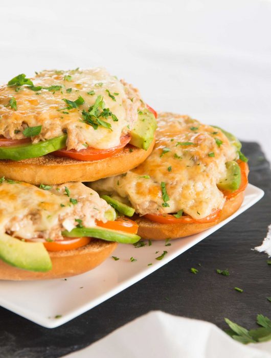 Avocado Tuna Melts stacked on a plate