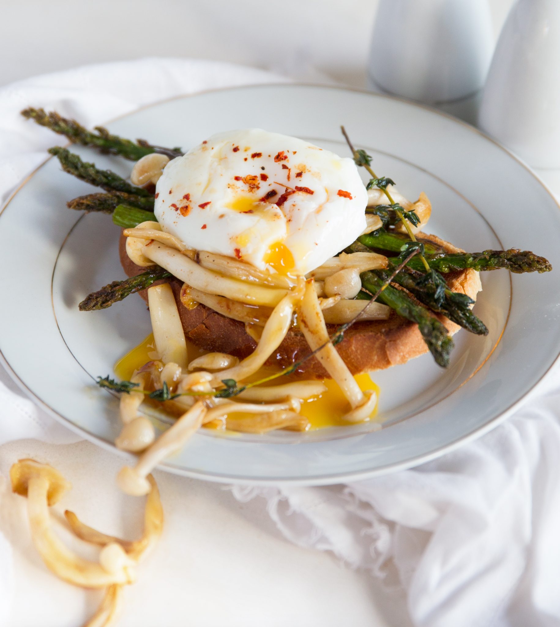 The Perfect Poached Egg Served with Asparagus and Mushrooms on Toast