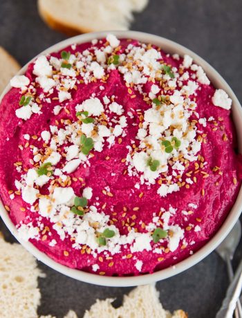 Roasted Beetroot and Feta Hummus overhead shot