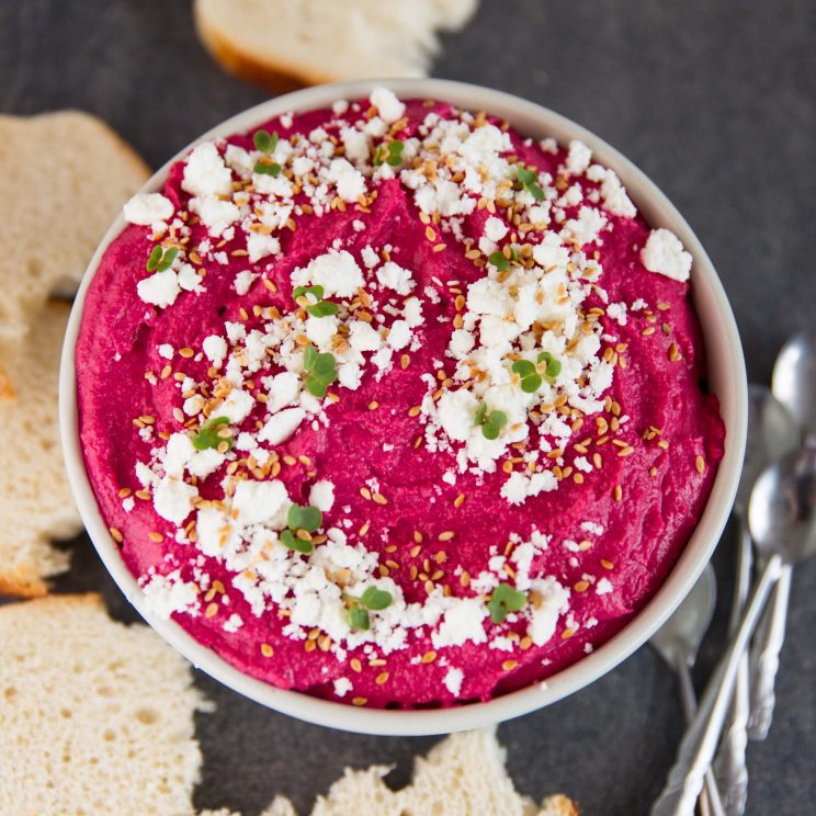 Roasted Beetroot and Feta Hummus overhead shot