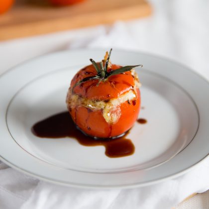 Cheesy Pesto Rice Stuffed Tomatoes - with Balsamic Glaze