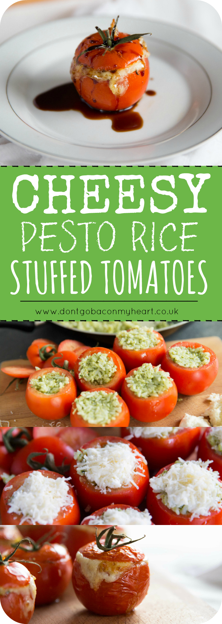 Cheesy Pesto Rice Stuffed Tomatoes are a super fun and incredibly delicious way to use up that jar of pesto you've got knocking about in the fridge. A quick 5-ingredient dinner ready and waiting! #pesto #tomato #cheese #cheesy | www.dontgobaconmyheart.co.uk
