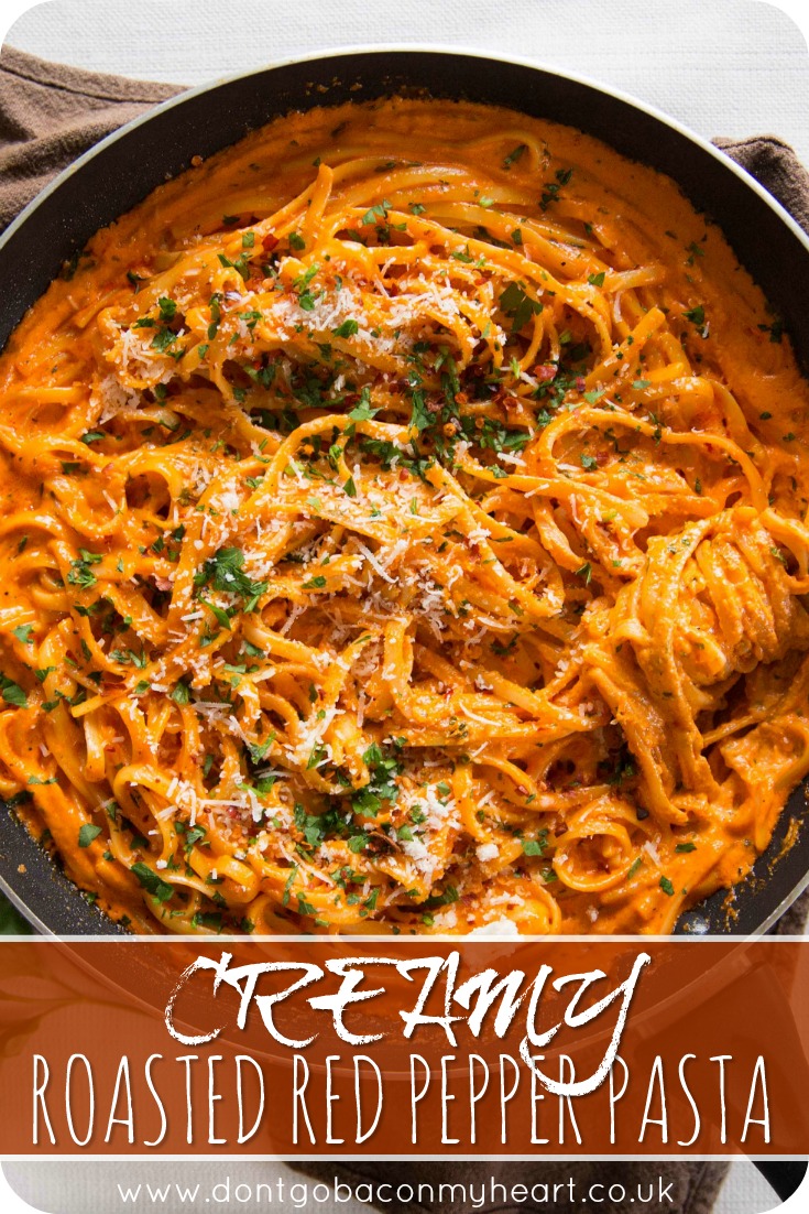 This Creamy Roasted Red Pepper Pasta is super quick and seriously delicious. The perfect meal to add to your family rotation dinners! #creamy #pasta #pepper | www.dontgobaconmyheart.co.uk