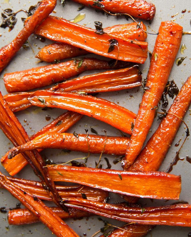 Honey Balsamic Roasted Carrots with Thyme fresh out the oven on baking tray