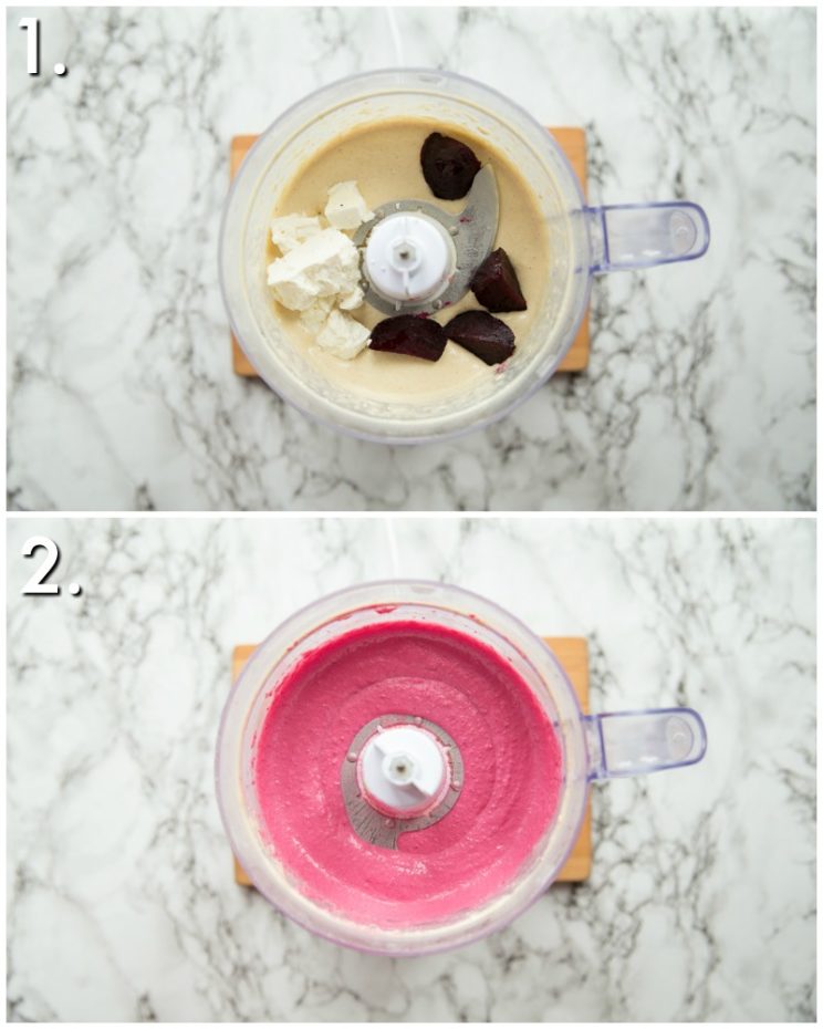 How to make Beetroot Feta Hummus - two step by step photos