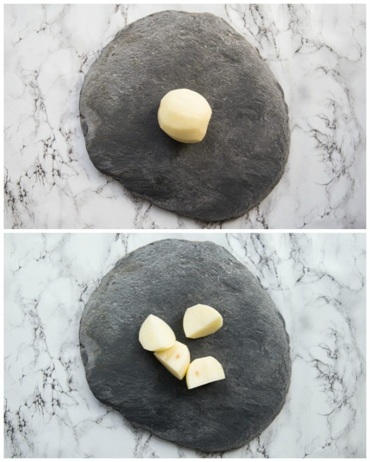 2 step by step photos showing how to slice a potato