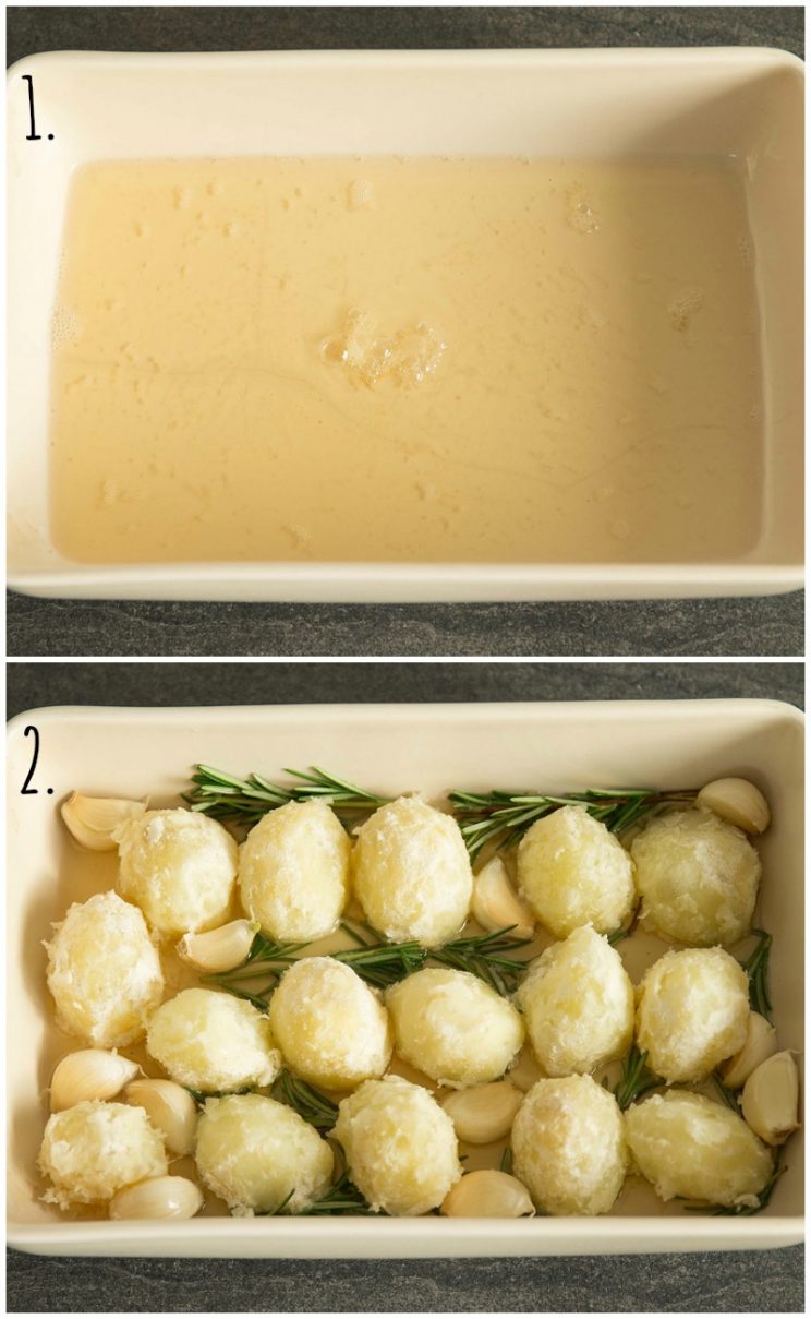2 step by step photos showing how to roast potatoes in goose fat