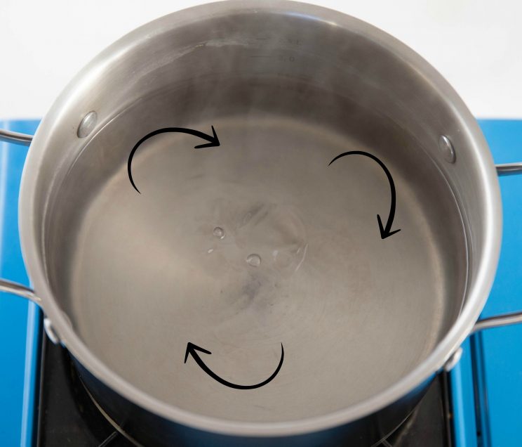 whirlpool of simmering water in large pot