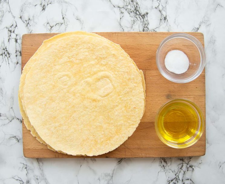 Homemade Tortilla Chips Ingredients - wraps, olive oil and salt