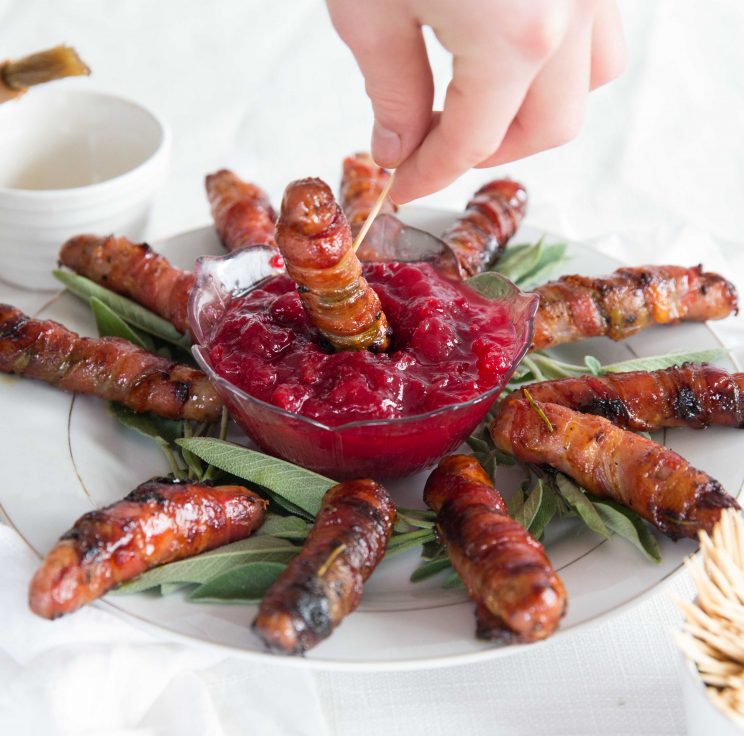 Honey Bourbon Pigs in Blankets with Cranberry Sauce