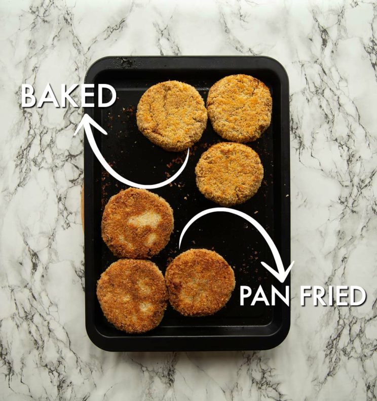overhead shot of tuna patties on tray, half baked and other half fried