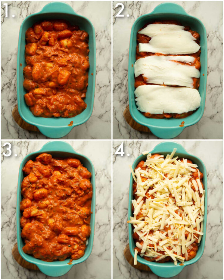 4 step by step photos showing how to make baked gnocchi