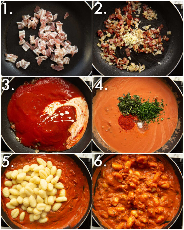 6 step by step photos showing how to make creamy tomato gnocchi