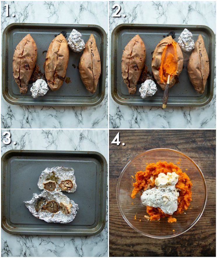 4 step by step photos showing how to make garlic sweet potato mash