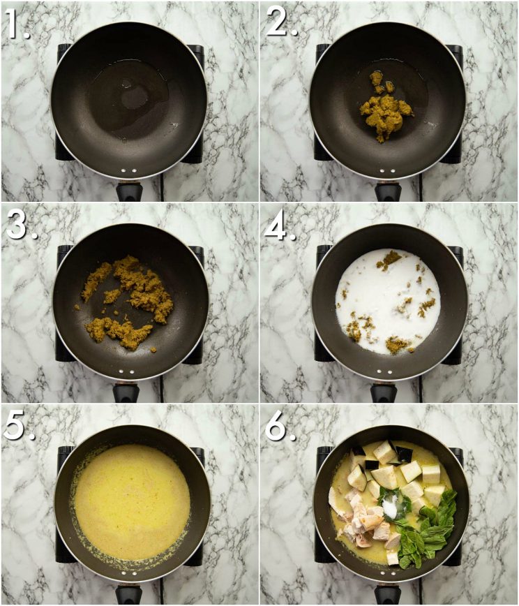 6 step by step photos showing how to make thai green curry