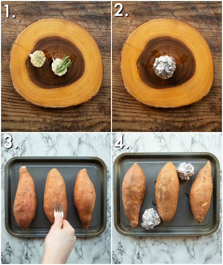 4 step by step photos showing how to roast garlic and sweet potatoes