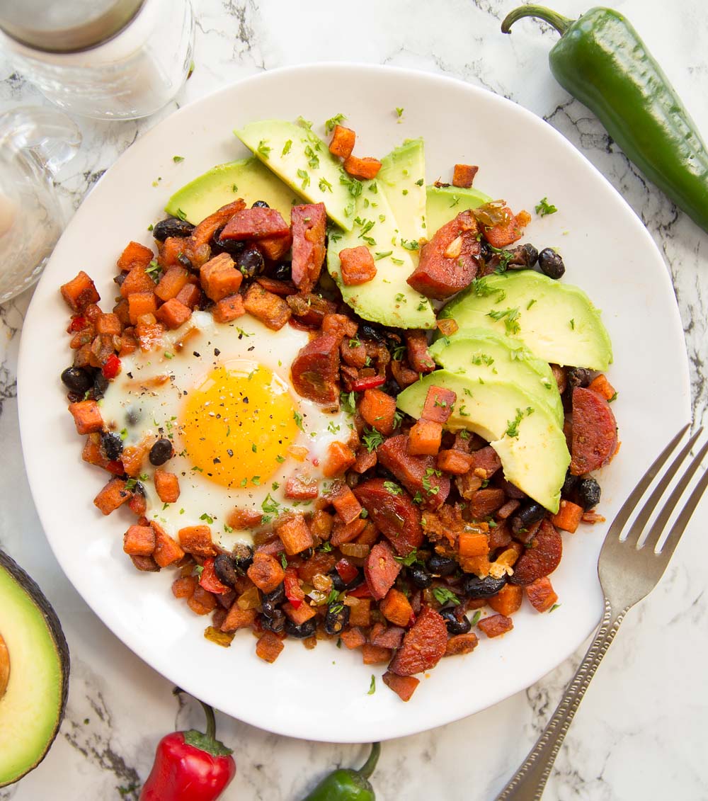 SCRAMBLED EGGS w SWEET POTATO HASH + BACON