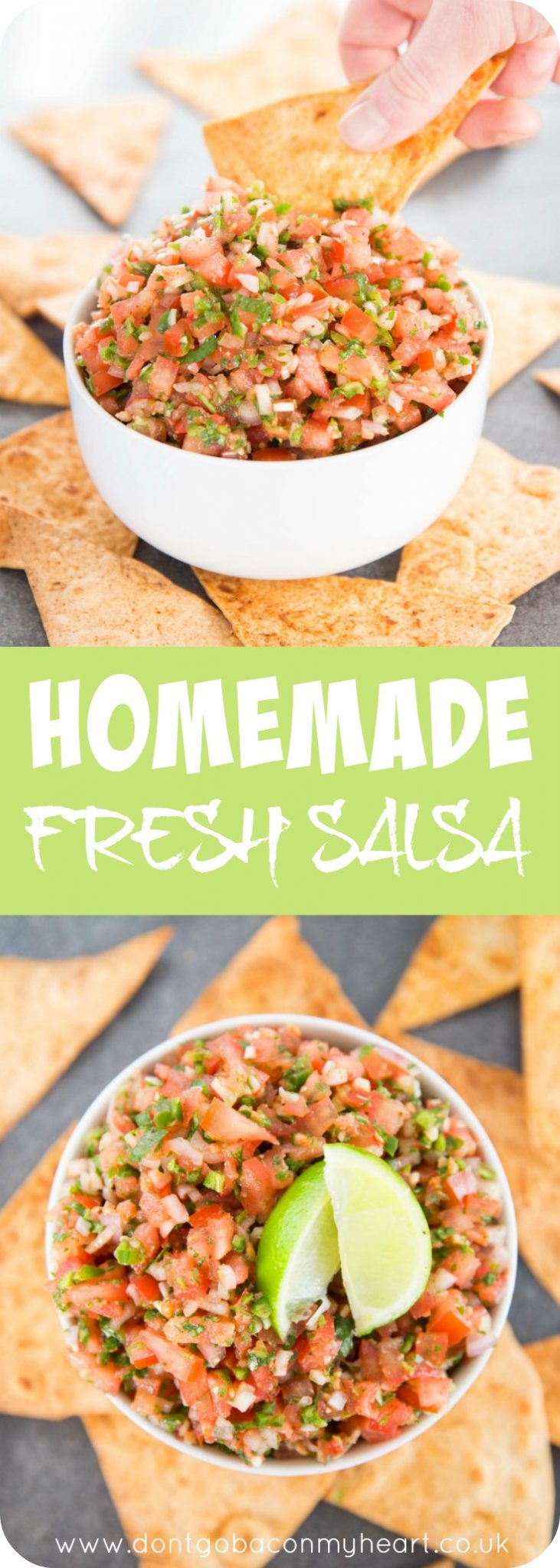 This gorgeous homemade fresh salsa couldn't be more simple to make. Use this homemade chunky salsa to top chicken, quesadillas, nachos or keep at as a dip for your favourite chips! #salsa #homemadesalsa #tomatosalsa | www.dontgobaconmyheart.co.uk