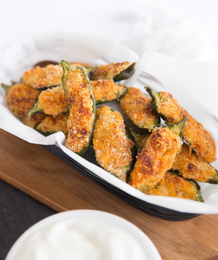 side on view of Crispy Baked Jalapeño Poppers in basket