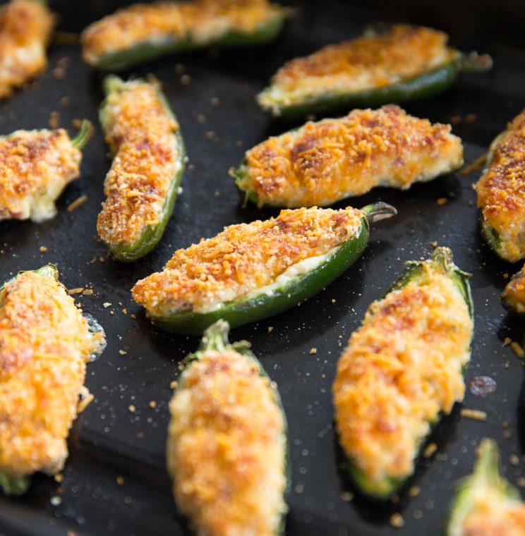 closeup shot of jalapeño popper fresh out the oven on baking tray