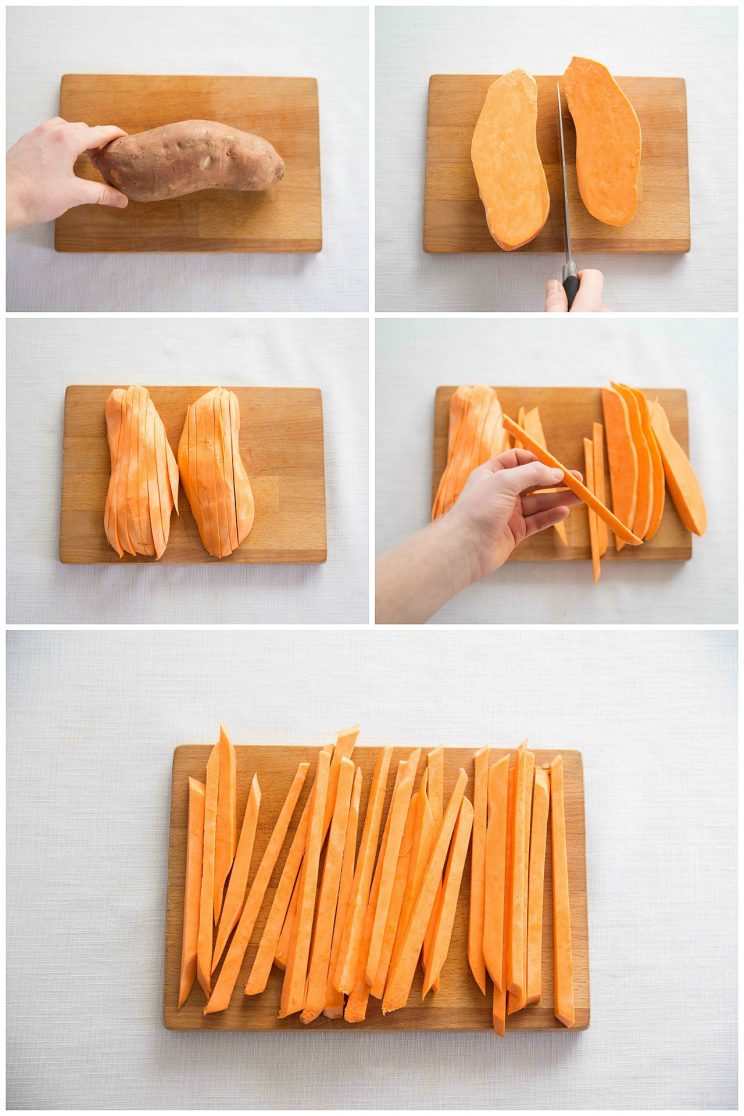 5 step by step photos showing how to cut sweet potato fries