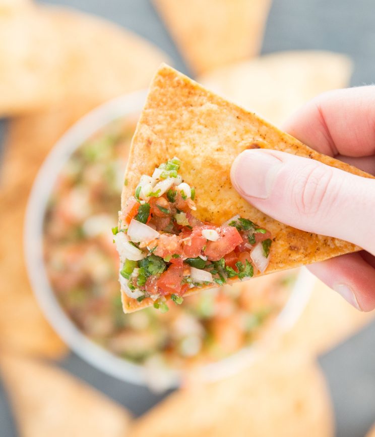 holding tortilla chip with salsa on one corner with bowl blurred behind