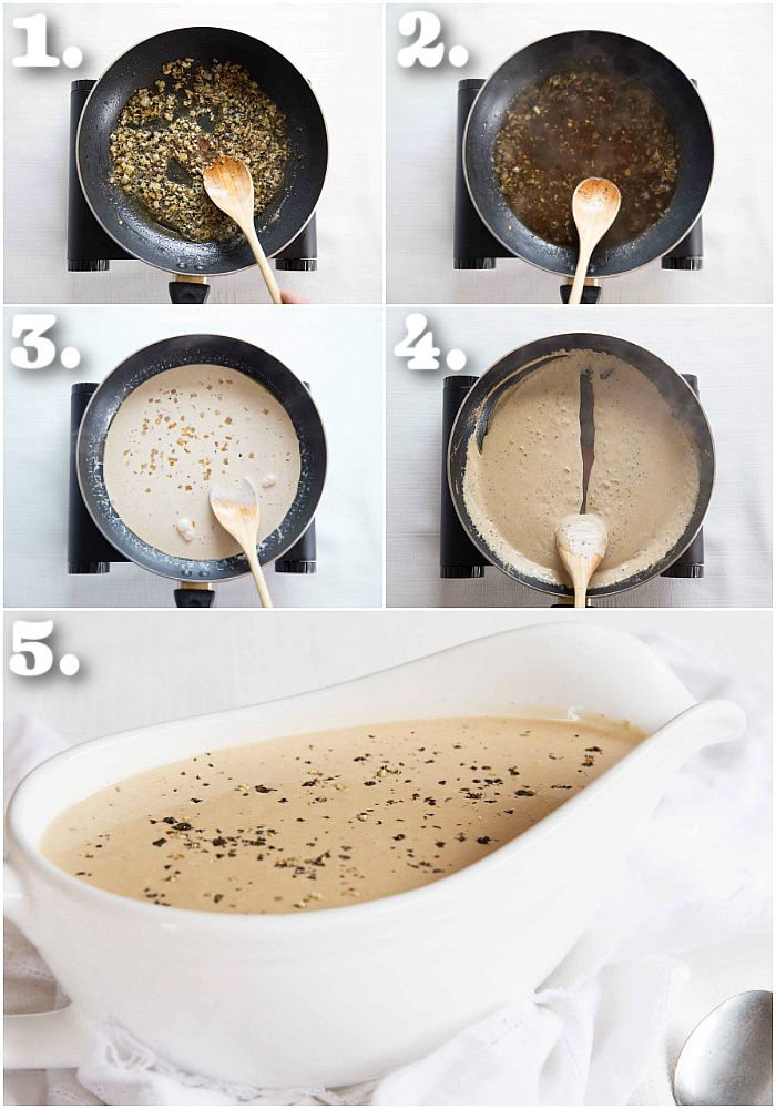 5 step by step photos showing how to make creamy peppercorn sauce
