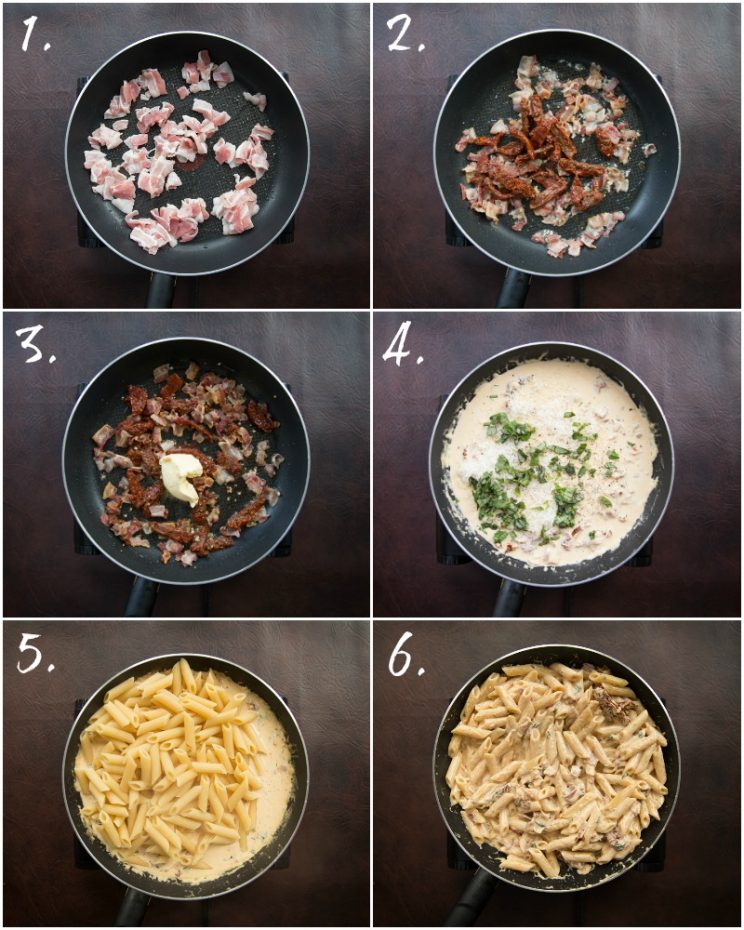 How to make Penne Alfredo with Bacon and Sun Dried Tomato - step by step photos