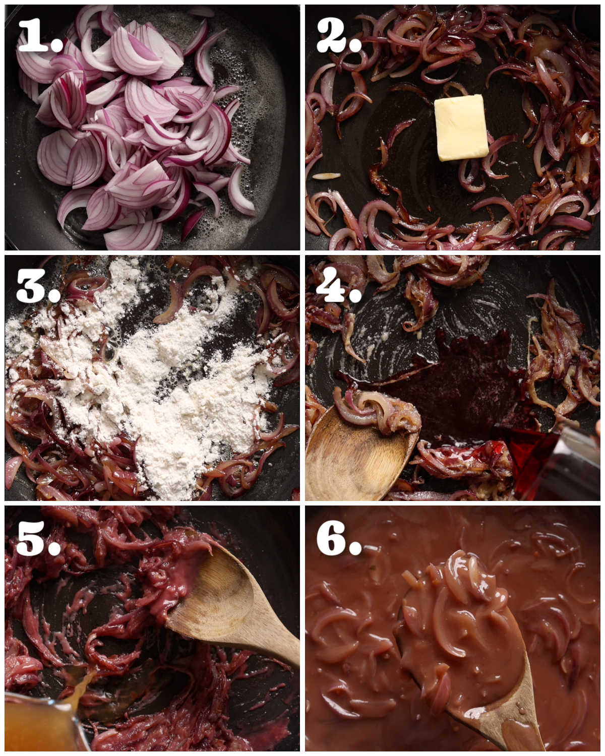 6 step by step photos showing how to make red wine onion gravy