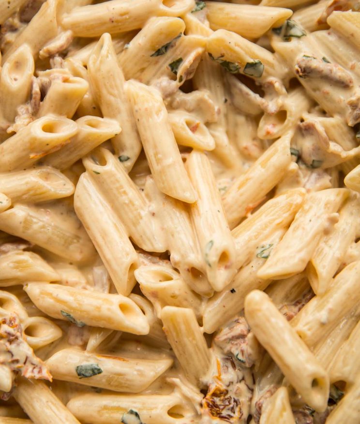 closeup overhead shot of pasta in skillet