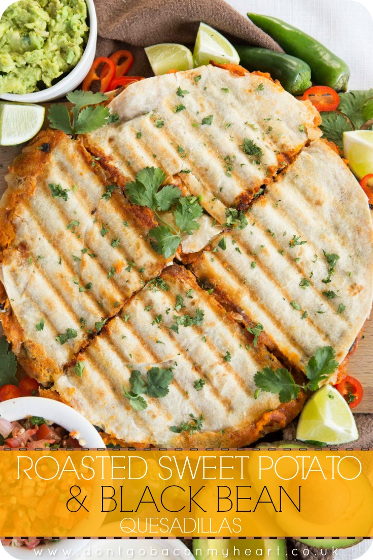 Roasted Sweet Potato and Black Bean Quesadillas are the best vegetarian quesadillas you'll ever taste. So easy to make and most importantly incredibly delicious and filling! #quesadillas #vegetarian #sweetpotato | www.dontgobaconmyheart.co.uk