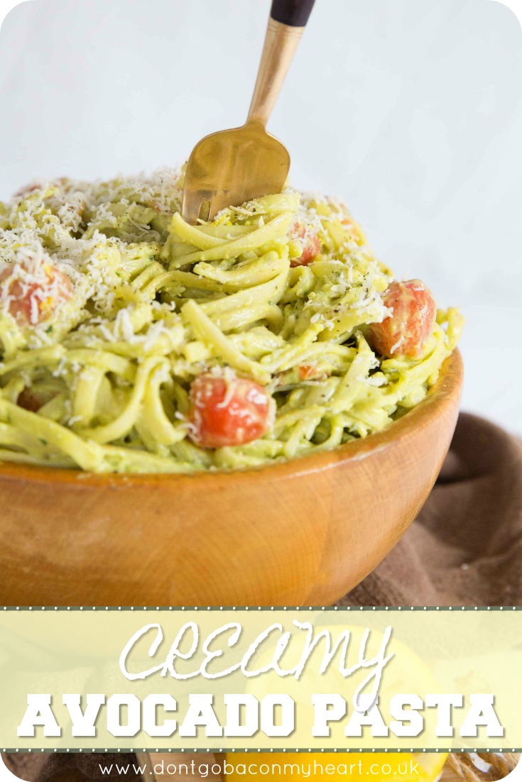 This Creamy Avocado Pasta is made even more delicious with the addition of roasted cherry tomatoes. What's best, this avocado pasta is creamy without adding cream! So quick, easy and silky smooth, you're bound to fall in love with this dish. #avocado #pasta #vegetarian | www.dontgobaconmyheart.co.uk
