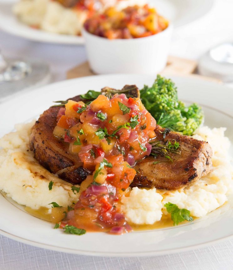 Easy Pan Fried Pork Chops with Peach Salsa Final Plating