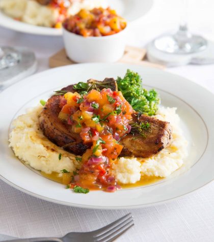 Easy Pan Fried Pork Chops with Peach Salsa Perfect for Date Night