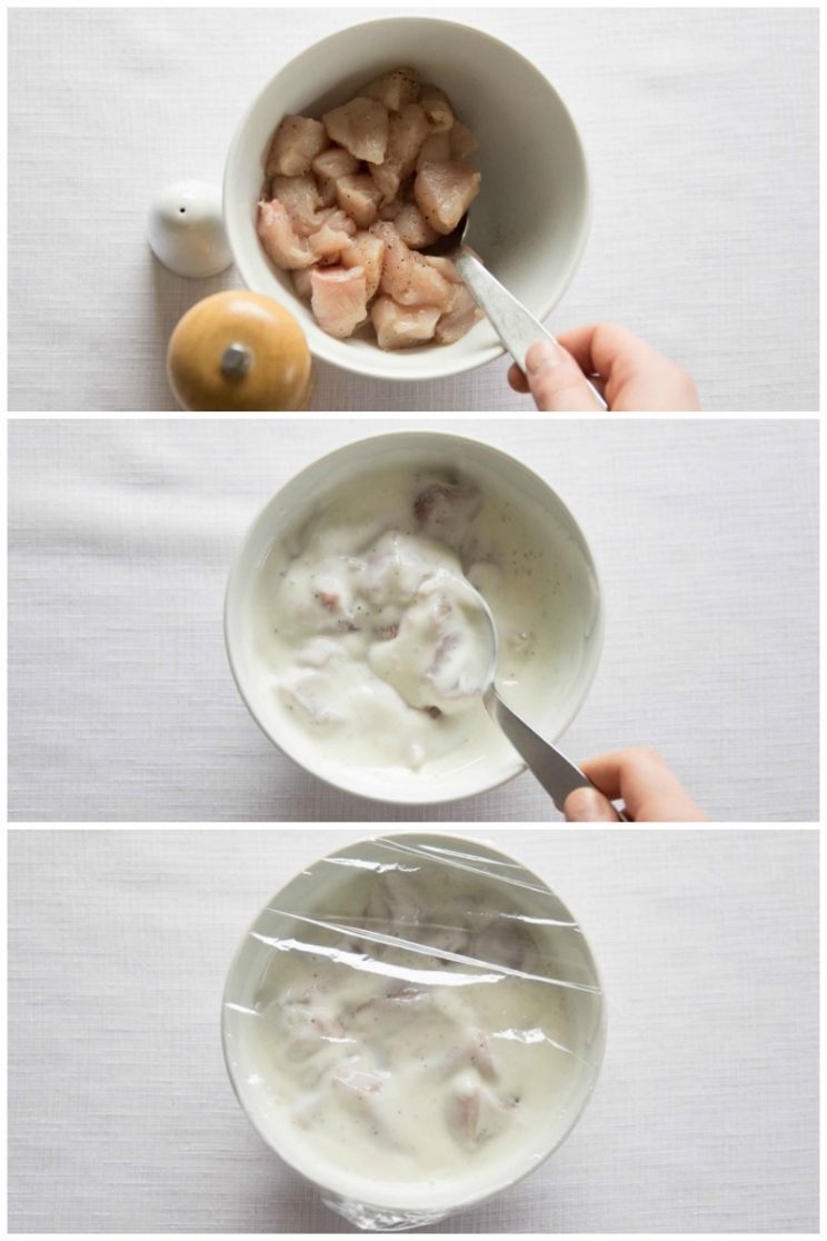 3 step by step photos of how to marinate popcorn chicken in buttermilk