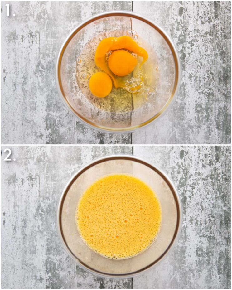 2 step by step photos showing how to beat eggs