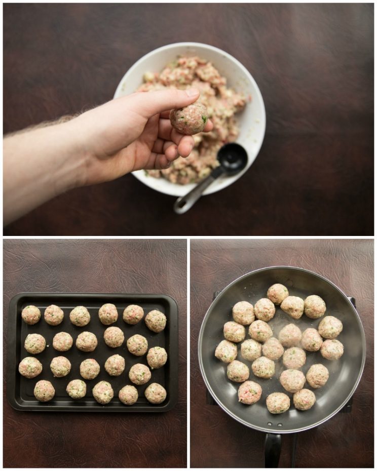 Step by step photos of how toll roll and cook meatballs