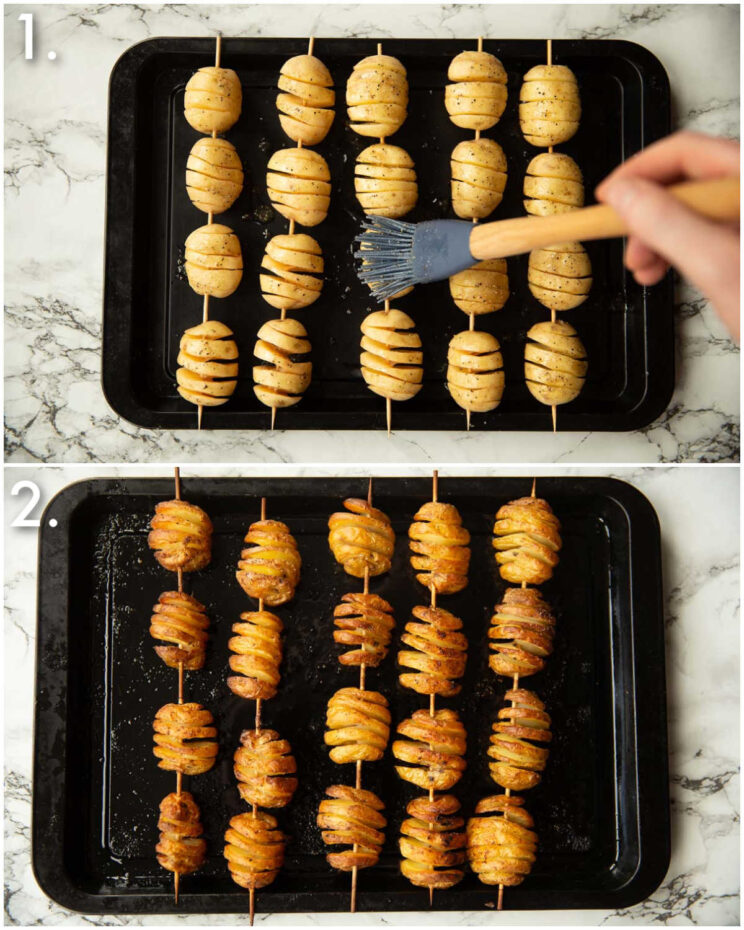 2 step by step photos showing how to cook mini tornado potatoes