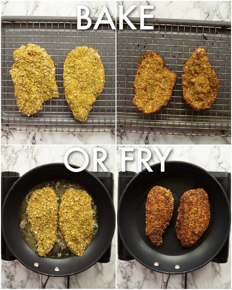 4 step by step photos showing how to cook pistachio crusted chicken