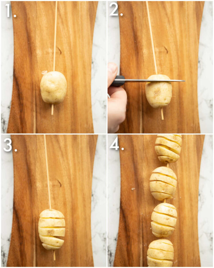 4 step by step photos showing how to make mini tornado potatoes
