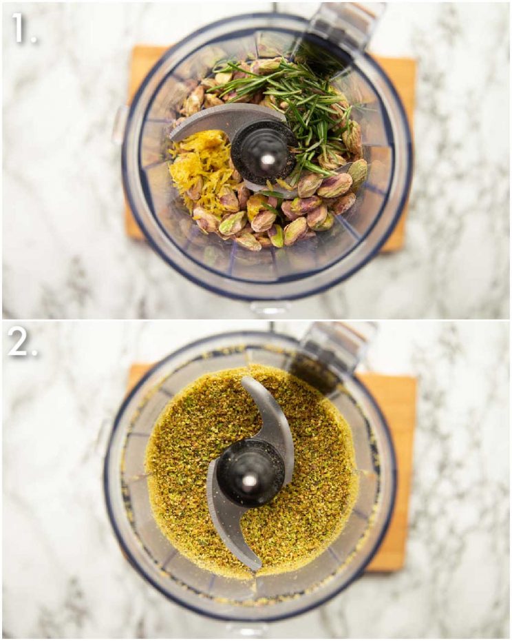 2 step by step photos showing how to make pistachio crumb