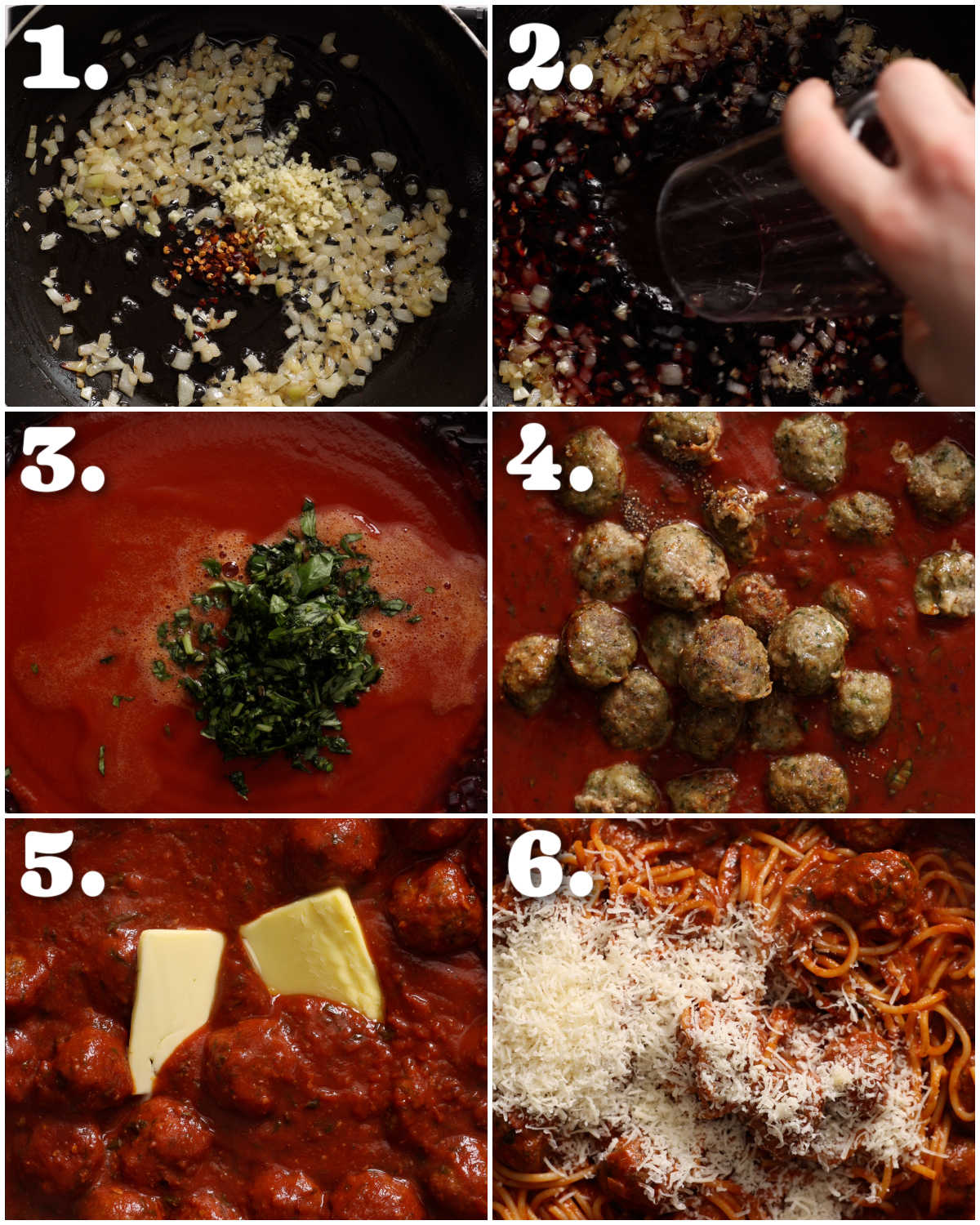 6 step by step photos showing how to make spaghetti meatballs