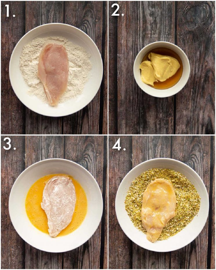 4 step by step photos showing how to make pistachio crusted chicken